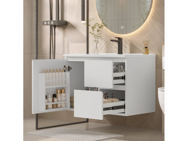 Meuble rangement suspendu salle de bain 76x46x50 cm vasque ceramique led blanc homvra - Conforama D