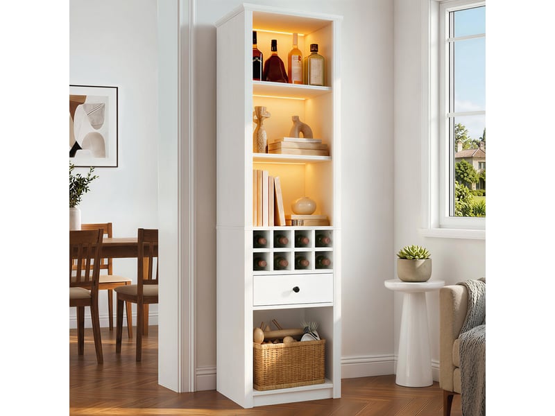  Vitrine d'exposition - 55x40x200cm - colonne haute avec led rgb connectée, range-bouteilles 8 casiers &amp; tiroir - blanc  - Conforama D