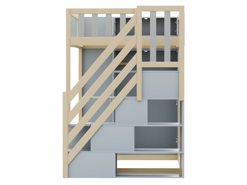  Lit mezzanine enfant 200×90 cm avec armoire, étagères et tiroirs dans l’échelle, gris et bois naturel  - Conforama E