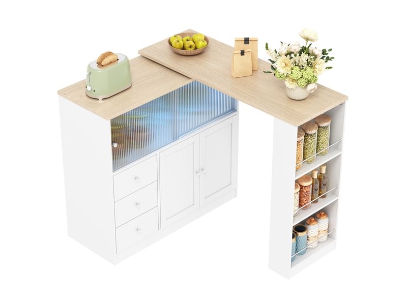  Desserte de cuisine avec plateau pivotant à 360°, 3 tiroirs, porte en verre, roulettes et éclairage pour cuisine  - Conforama A
