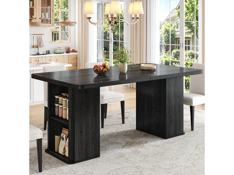  Table à manger extensible 140-180x80 cm avec rangements des 2 côtés, étagères intérieures, mdf et métal - noir  - Conforama E