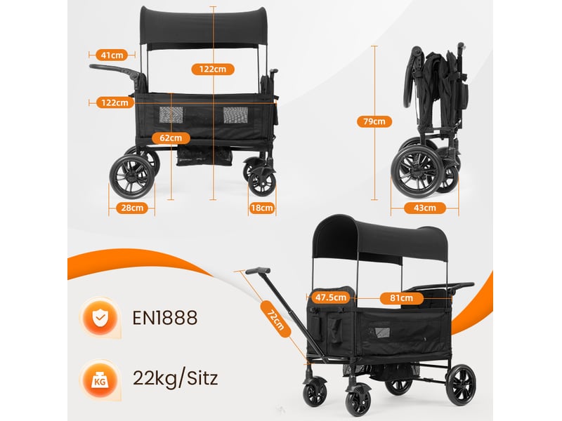 Poussette double enfant pliable 6 à 48 mois 122 x 66 x 122 cm – noir – 5 points, canopy et plateau - Conforama C