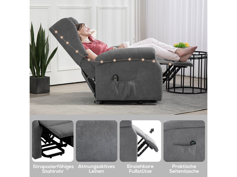 Fauteuil releveur électrique gris foncé, fauteuil relax avec fonction allongée, fauteuil en tissu effet lin pour salon - Conforama B