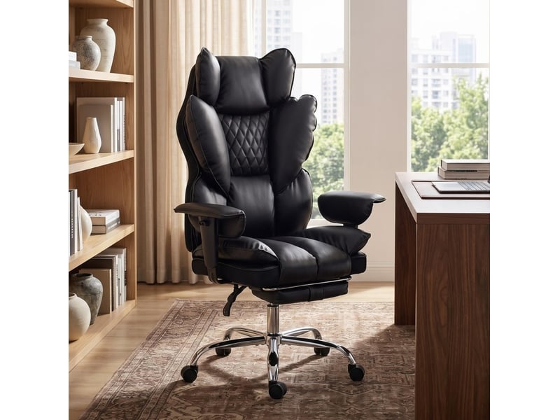  Fauteuil de bureau noir en cuir régénéré, accoudoirs réglables, repose-pieds extensible et inclinaison 135°  - Conforama B