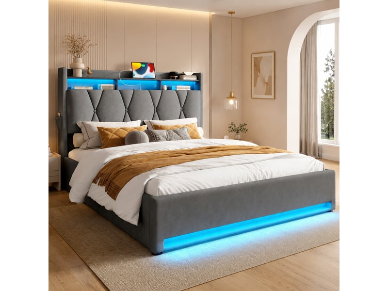 Cadre de lit 160 x 200 cm en velours gris foncé avec led, rangements, usb et type-c - Conforama C