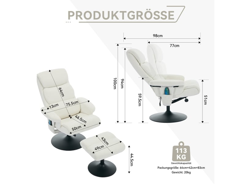  Fauteuil massant 77x75,5x100 cm, relax inclinable électrique, pivotant à 360°, repose-pieds, chenille, couleur blanc  - Conforama C