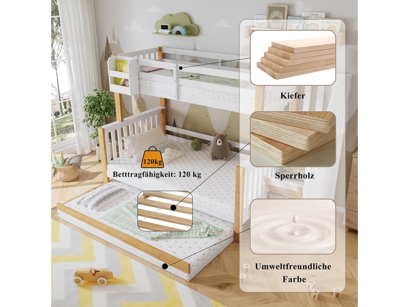  Lit superposé pour enfant, tiroir roulant, quatre casiers, barrières, 90x200&amp;120x200cm, blanc naturel  - Conforama D
