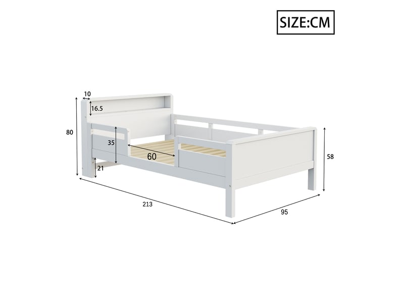  Lit enfant 90 × 200 cm avec tête de lit rangement, led, prises usb et usb-c, barrières latérales, bois blanc pour chambre  - Conforama C