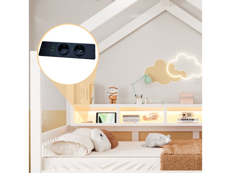  Lit cabane en bois 140 × 200 cm, avec étagères, compartiments de rangement et tiroirs, sommier inclus, blanc  - Conforama E