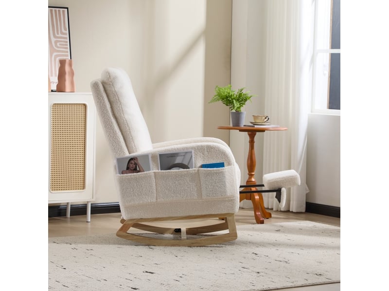  Fauteuil à bascule pour allaitement avec repose-pieds, poche latérale et base en bois, en tissu bouclette blanc  - Conforama E