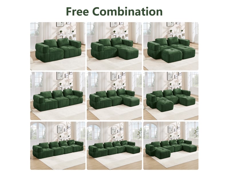  Canapé modulable modenvie 4 places en u avec 2 poufs, mousse haute densité 32d, polyester vert, 344 x 162 x 67 cm  - Conforama E