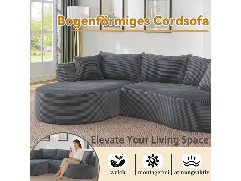  Canapé 3 places avec méridienne gauche et porte-gobelets  - design incurvé, coussins, velours côtelé gris  - Conforama E