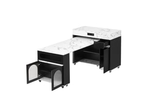 Îlot de cuisine mobile 110,5 cm avec table extensible, prises intégrées, tiroir et verre cannelé, noir