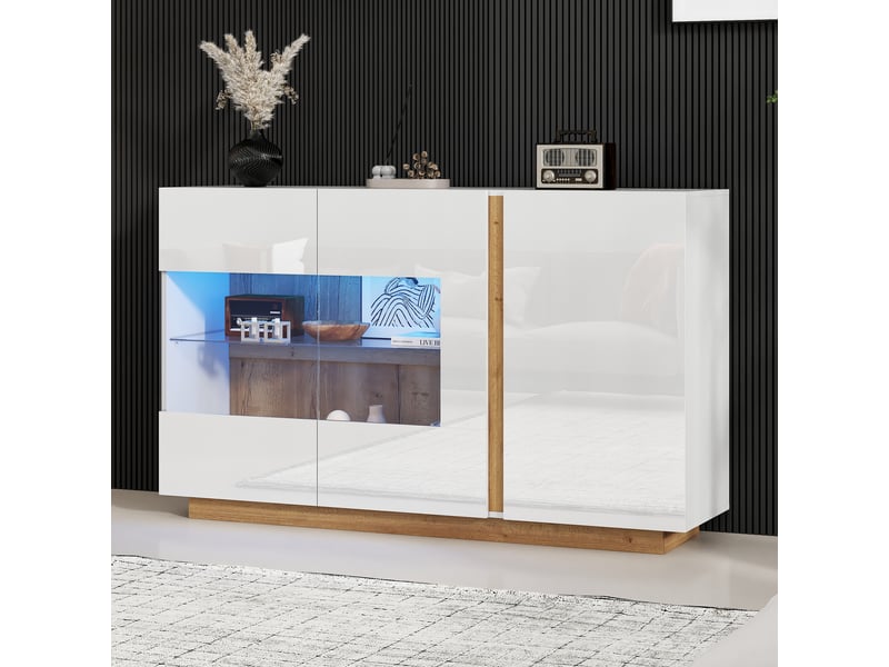  Buffet avec 3 portes et éclairage led, façades laquées brillantes et verre, pour salon ou chambre, blanc, 138 × 38.5 × 90.5 cm  - Conforama D