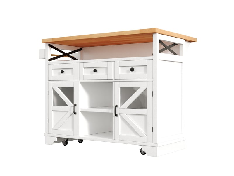 Desserte de cuisine mobile 120 x 71 x 98 cm blanche en mdf, 3 tiroirs, plateau rabattable et led connectée - Conforama D
