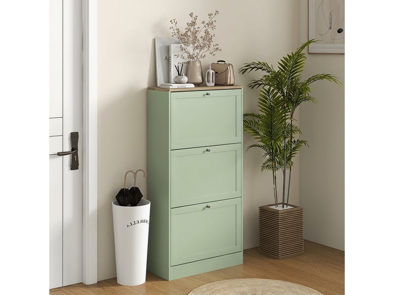  Meuble à chaussures style moderne, 3 portes abattantes, 18 paires de chaussures, 60 x 23,5 x 115 cm, vert  - Conforama C