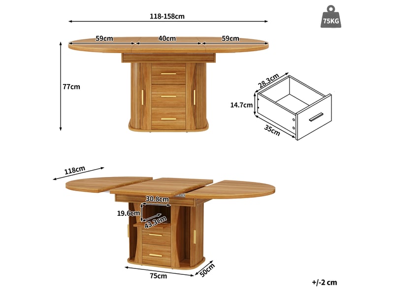 Table de salle à manger extensible avec plateau coulissant en mdf pour salle à manger 118–158×118×77 cm noyer - Conforama E