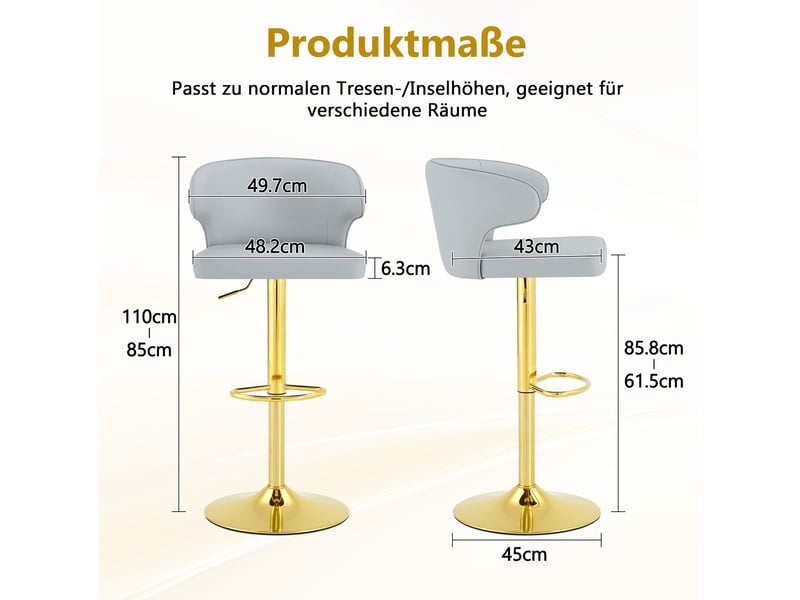  Tabourets de bar 49.7x45x110 cm lot de 2, réglables en hauteur, pivotants 360°, assise polyuréthane (pu), gris clair  - Conforama C