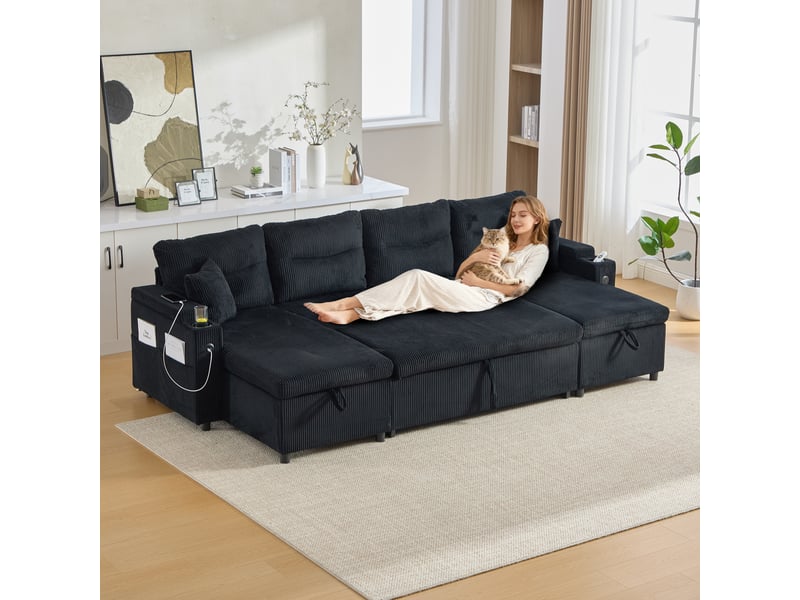  Canapé droit 4 places en velours noir avec chaiselongues des deux côtés, rangement, porte-gobelets, usb et fonction lit, design moderne pour salon  - Conforama B