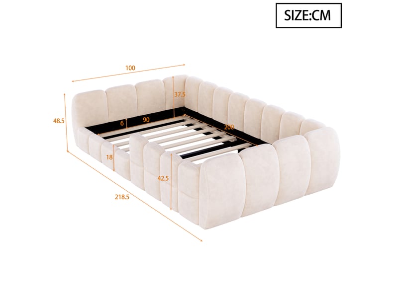  Lit enfant 90 × 200 cm 1 place avec structure rembourrée fermée et angles arrondis, sans matelas, beige  - Conforama D