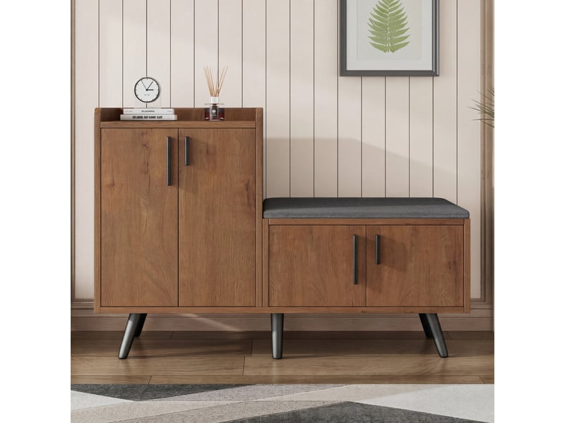  Banc à chaussures avec rangement 120x34x82,8 cm, 4 portes, assise rembourrée, panneau de particules naturel  - Conforama D