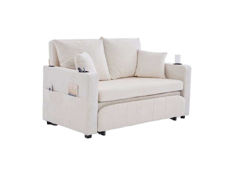 Canapé convertible 2 places gain de place - fonction lit, poches latérales, chenille beige 139 × 83 × 58 cm - Conforama A