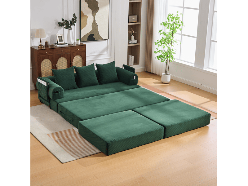 Canapé modulable 3 places modenvie en velours côtelé vert émeraude avec pouf et poche latérale 200 x 190 cm - Conforama E