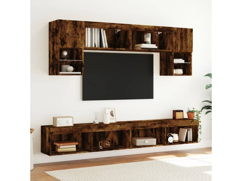  Lot de 2 meuble tv avec lumières led chêne fumé 100x30x30 cm  - Conforama C
