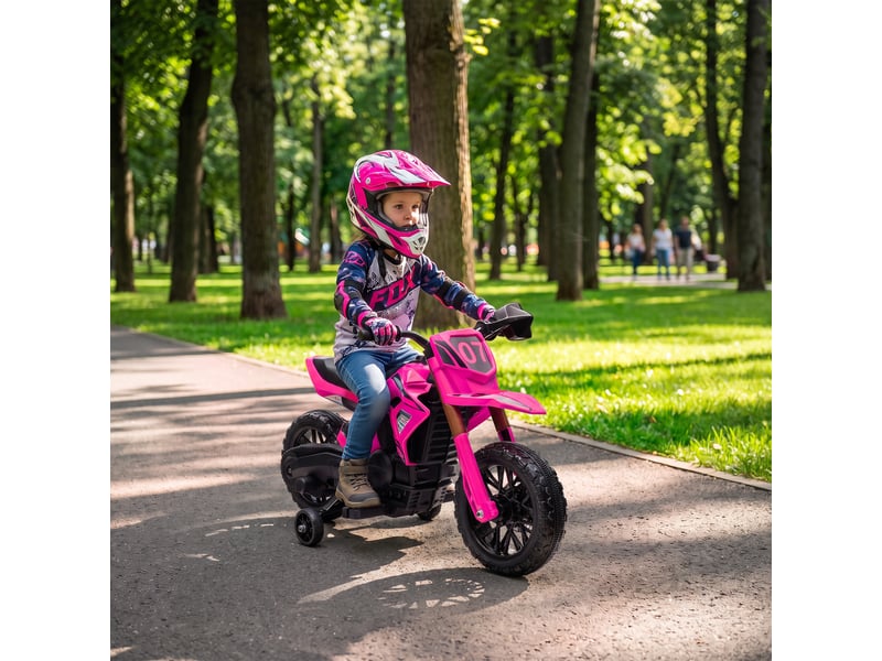  Moto électrique pour enfants, 12 v, avec stabilisateurs, klaxon et bruit de démarrage, 3 kmh, rose  - Conforama C