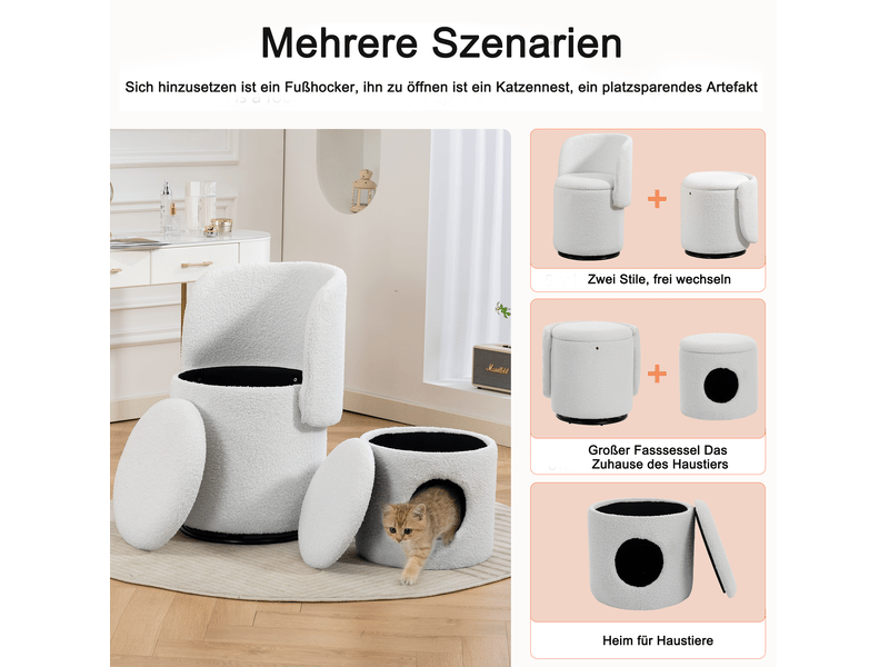  Fauteuil pouf pivotant à 360 degrés avec coffre de rangement et pouf en tissu teddy blanc, 53 × 50 × 47 cm  - Conforama E