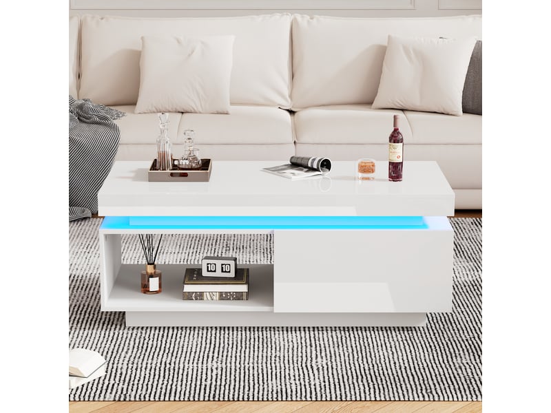  Table basse blanche brillante 100x50 cm, table de salon avec led intégrées, tiroir de rangement, charge 50 kg  - Conforama D