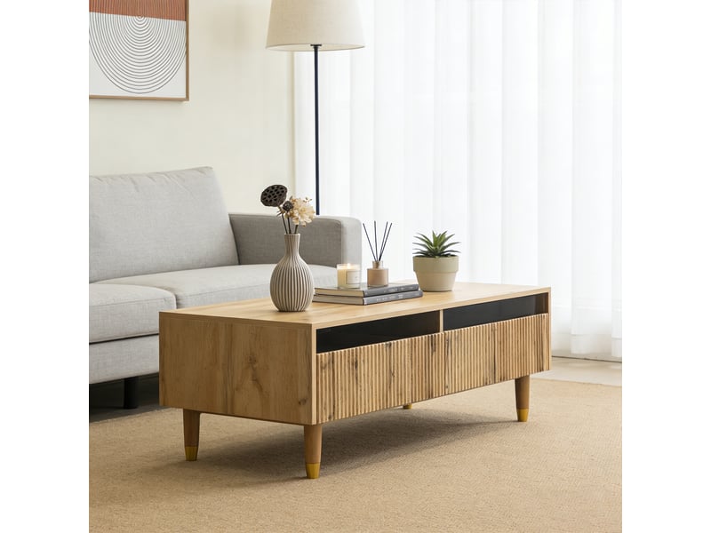 Table basse de salon avec tiroirs et éclairage led, chêne  - Conforama C