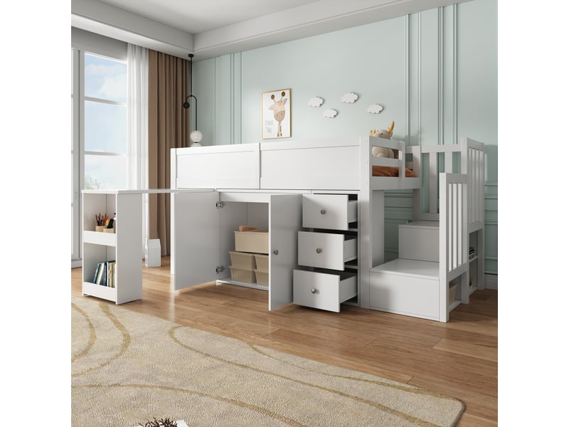  Lit mezzanine enfant avec bureau escamotable 90x200 cm blanc - armoire, tiroir et escalier de rangement  - Conforama D