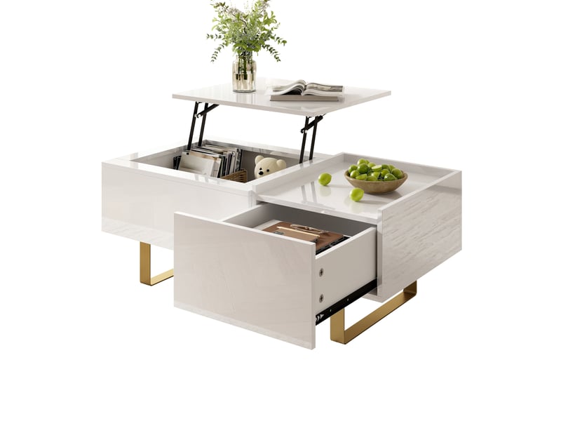  Table basse réglable en hauteur, table basse de rangement en mdf finition brillante, table basse avec tiroir et pieds en fer, table de salon moderne  - Conforama A