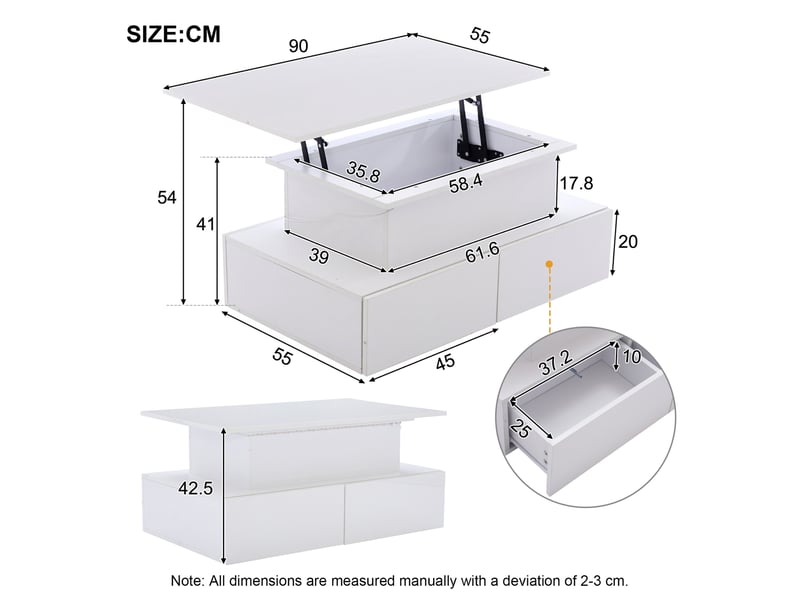  Table basse 90x55x41 cm avec 4 tiroirs, plateau relevable, rangement ouvert, led, table de salon, pour salon, pb, blanc  - Conforama C