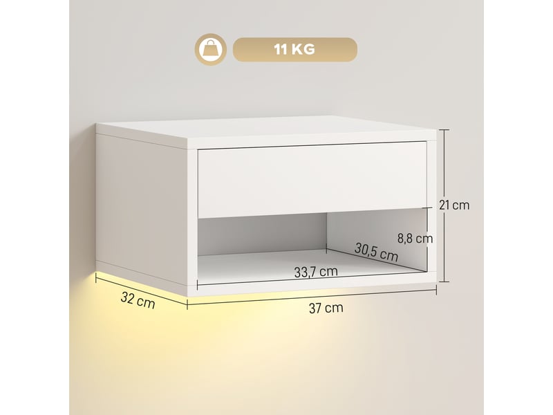  Ensemble de 2 tables de chevet avec éclairage led rgb, table de nuit suspendue avec tiroir et compartiment ouvert, blanche  - Conforama E