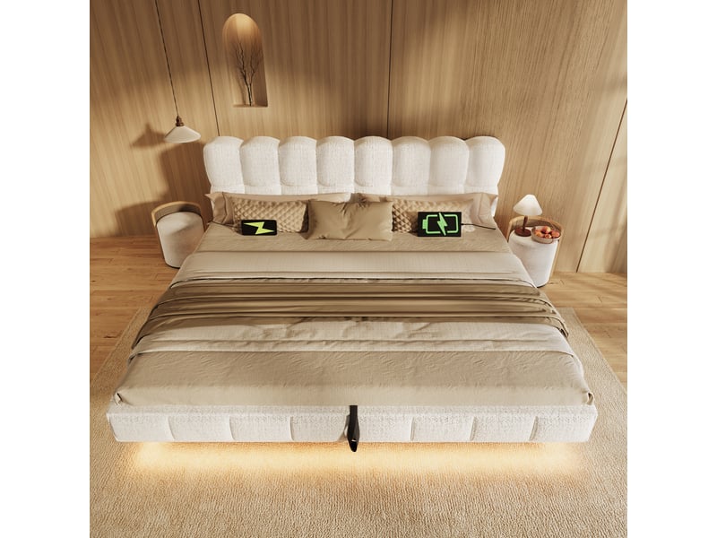 Lit coffre rembourré 160 x 200 cm, design flottant effet nuage, rangement hydraulique, led, usbtype-c, revêtement en chenille, beige Bliss Lite - Conforama E