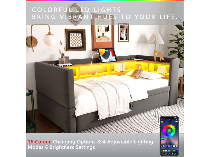  Lit banquette extensible 90180 x 190 cm, couchage simple ou double, éclairage led, prises intégrées et nombreux rangements, gris foncé evarich - Conforama D