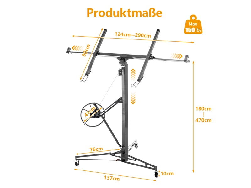  Lève-plaques pliable 125 x 137 x 180 cm, gris en acier peint, réglable de 180 à 470 cm pour levage de plaques  - Conforama C