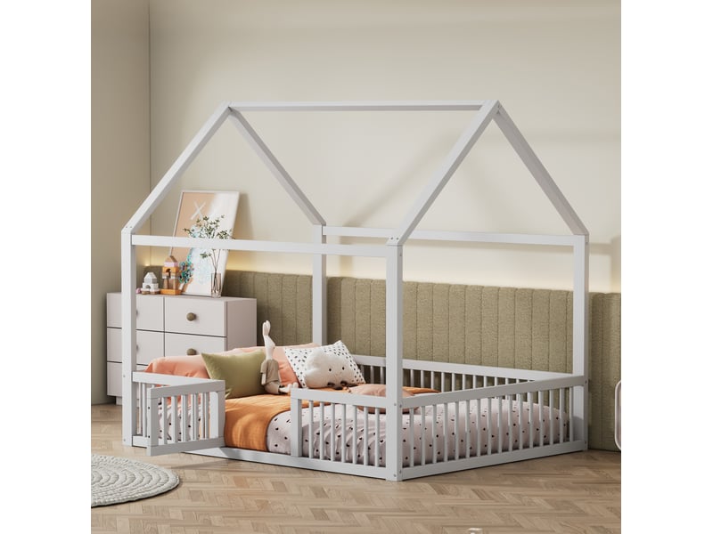  Lit enfant cabane 140x200 cm en pin blanc avec barrières et porte  - Conforama B