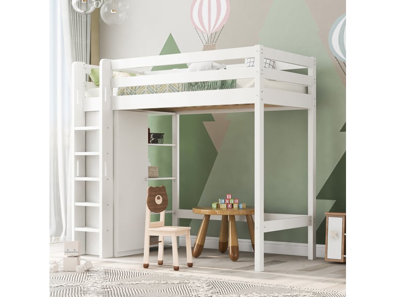  Lit mezzanine enfant 90x200 cm avec armoire et 6 étagères, blanc  - Conforama C