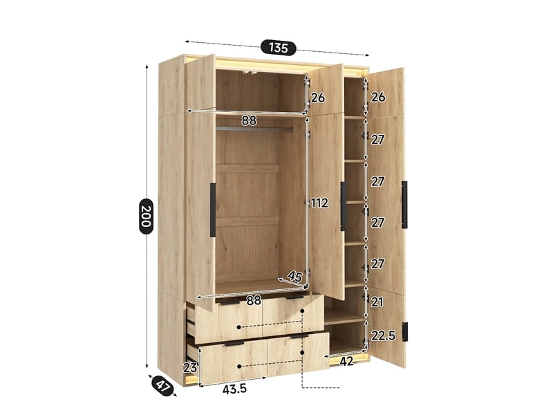  Armoire 3 portes avec miroir et éclairage led 135x47x200 cm chêne  - Conforama E