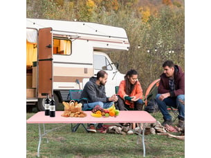 Table pliante portable 243,9 cm avec poignée, robuste, multifonction, pour camping, pique-nique, fêtes, intérieurextérieur, capacité 135 kg, rose
