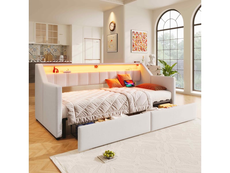  Lit capitonné lit double, 140x200cm,avec balustrade de protection,avec led, lin, beige  - Conforama D