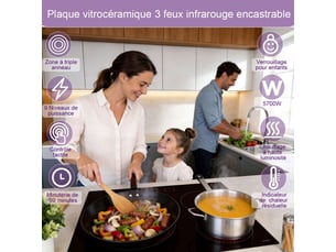Table de cuisson vitroceramique 3 zones triple anneau 5700w encastrable commande tactile 9 niveaux minuteur 99 min