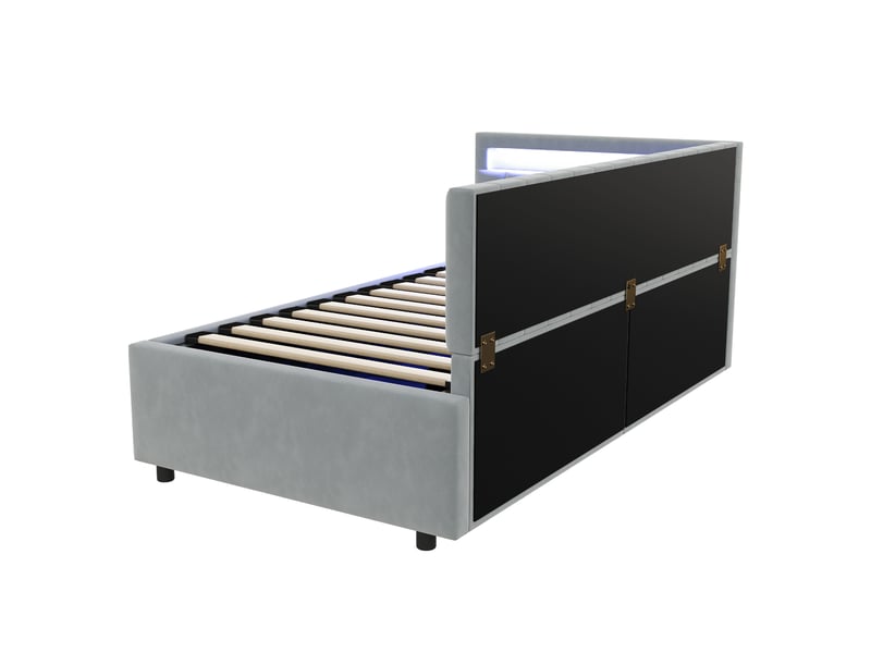 Lit banquette 90x200 cm en velours gris clair, led, coffre hydraulique et dossier latéral modulable - Conforama D