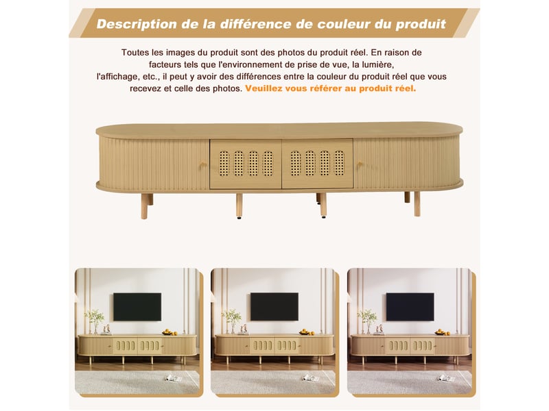  Meuble tv 2 portes 2 tiroirs, longueur 180 cm, pour téléviseurs 75 pouces, salon, salle à manger, chambre, bois clair  - Conforama E