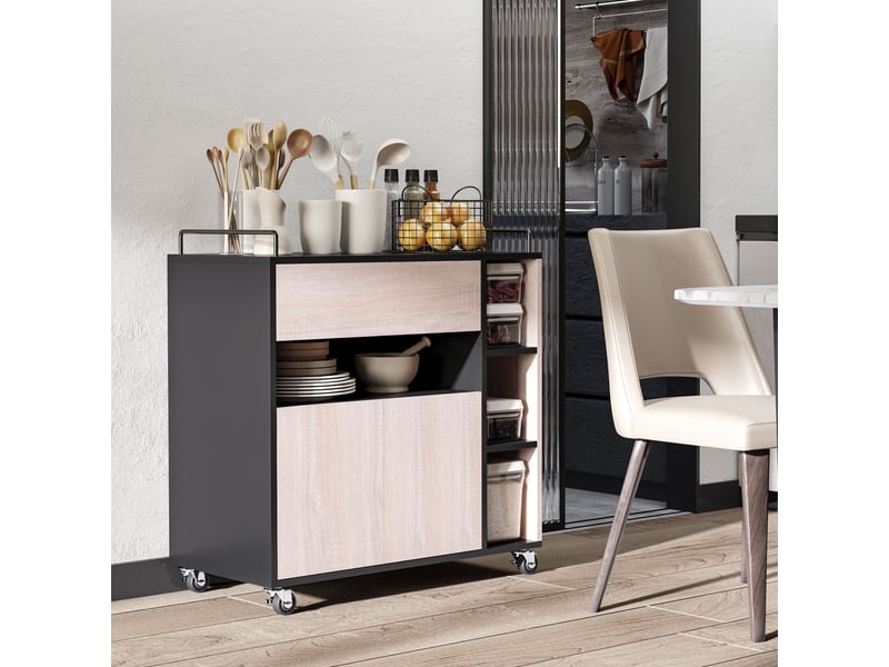 Chariot de cuisine moderne à roulettes avec tiroir et porte en bois de chêne dimensions 76,5x40x82cm  - Conforama D