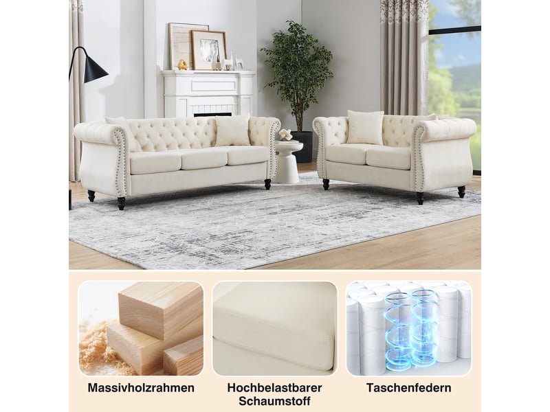  Canapé chesterfield beige en velours, 203 x 73,6 x 76 cm, pieds en hévéa, boutons capitonnés, clous argentés  - Conforama B