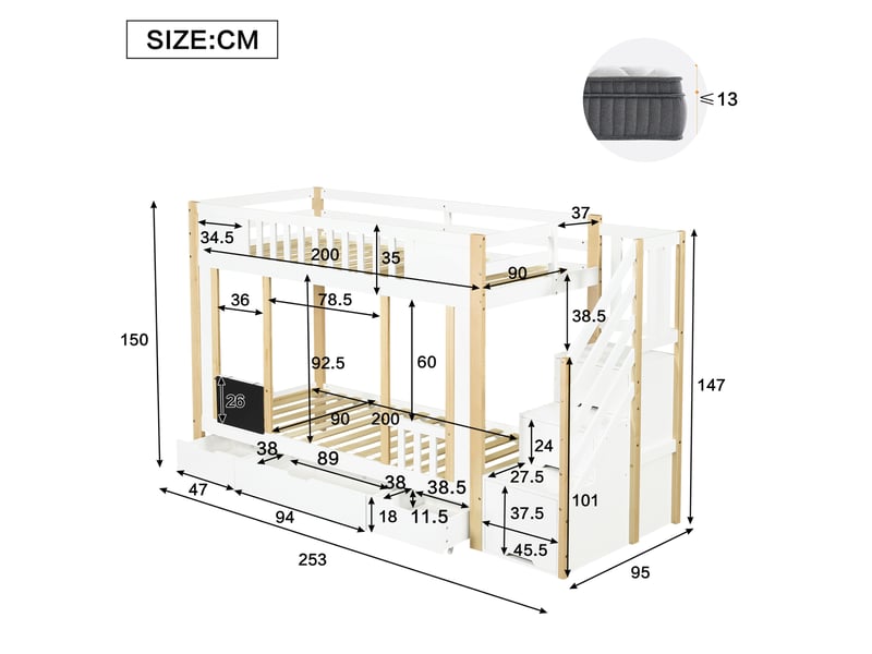 Lit superposé enfant 90x200 cm, lit avec rangement, escalier, 3 tiroirs et tableau, mdf, blanc et naturel, sans matelas  - Conforama C